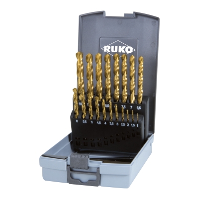 Set burghie elicoidale DIN 338 tip N, HSS-G TiN in cutie de plastic 19 bc. RUKO 250214TRO