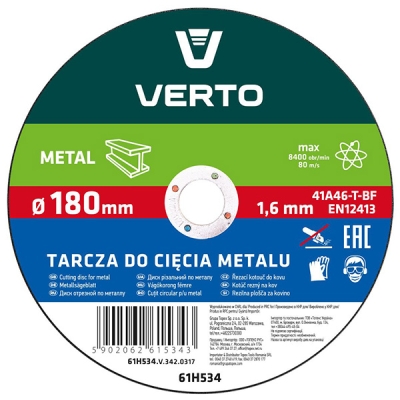 Disc debitare metal T41 180x22x1.6 mm VERTO 61H534